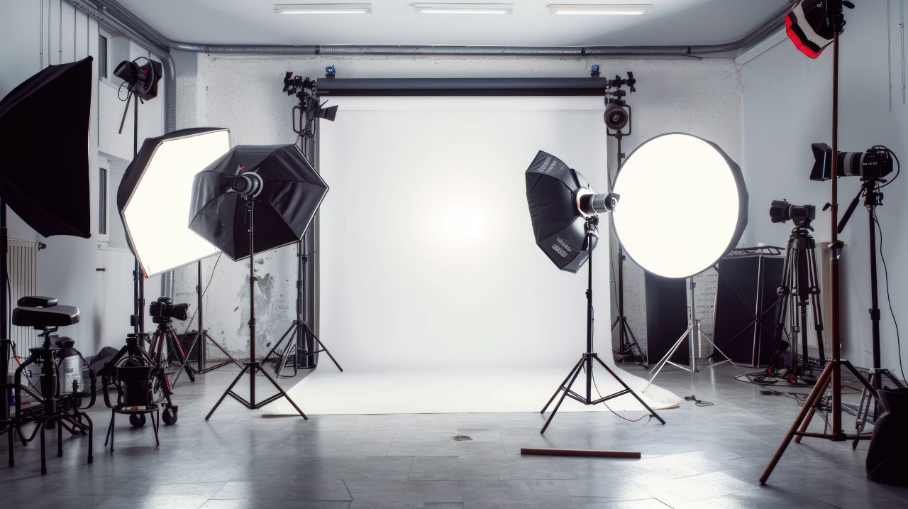 View of studio lighting around a white paper sweep